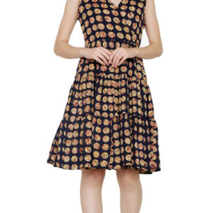 Girls Navy Blue Printed American Crepe Dress (Cotton Lining Added)