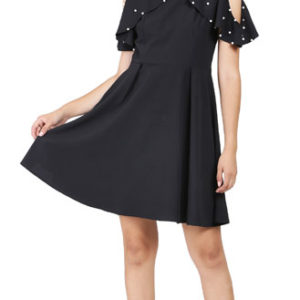 Girls Black Pearl Beaded Cold Shoulder Bubble Crepe Dress