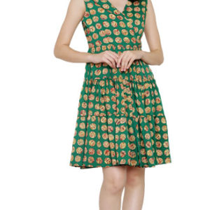 Girls Green Printed American Crepe Dress (Cotton Lining Added)
