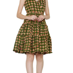 Girls Olive Green Printed American Crepe Dress (Cotton Lining Added)