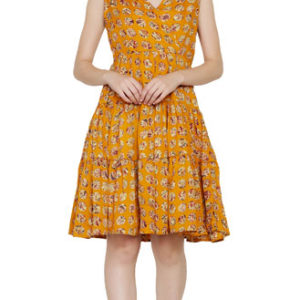 Girls Mustard Printed American Crepe Dress (Cotton Lining Added)
