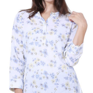 Girls White Color Blue Flower Printed Cotton Long Top