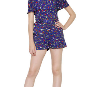 Girls Royal Blue Printed Polycrepe Romper