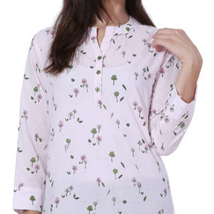 Girls Pink Color Green Flower Printed Cotton Long Top