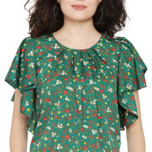 Girls Green Flower Printed American Crepe Frill Top