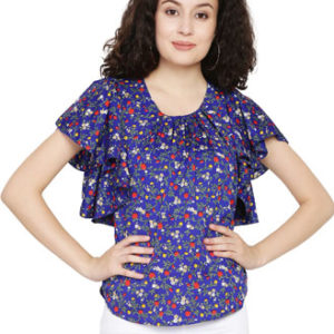 Girls Royal Blue Flower Printed American Crepe Frill Top