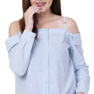 Girls Blue Striped Cotton Off Shoulder Top