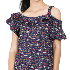 Girls Navy Blue One Shoulder American Crepe Printed Top