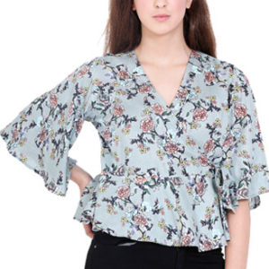 Girls Light Blue Printed Rayon Frill Top