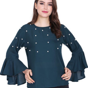 Girls Blue Pearl Beaded Moss Crepe Top
