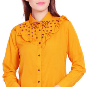 Women/Girls Mustard Pearl Beaded Polycrepe Frill Top