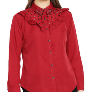 Girls Maroon Pearl Beaded Polycrepe Frill Top