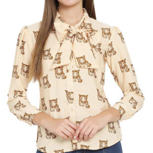 Girls Beige Animal Print Poly Crepe Tie Top
