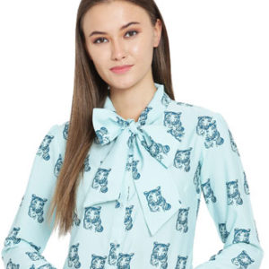 Girls Sky Blue Animal Print Poly Crepe Tie Top