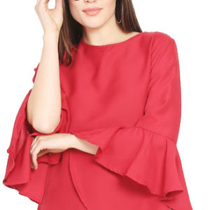 Girls Red Color Moss Crepe Bell Sleevee Top
